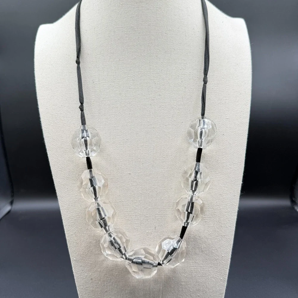 Clear Faceted Bead Necklace Black Ribbon Chunky Lucite Crystal Statement Jewelry